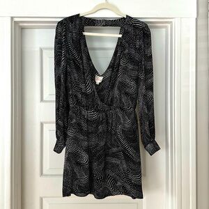 Parker long sleeve cross-front mini dress. Elastic waist. Low back. 100% silk.